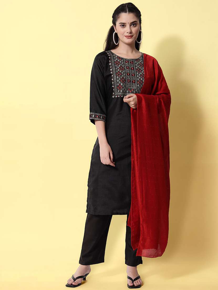women three quarter sleeve kurta pant with dupatta set