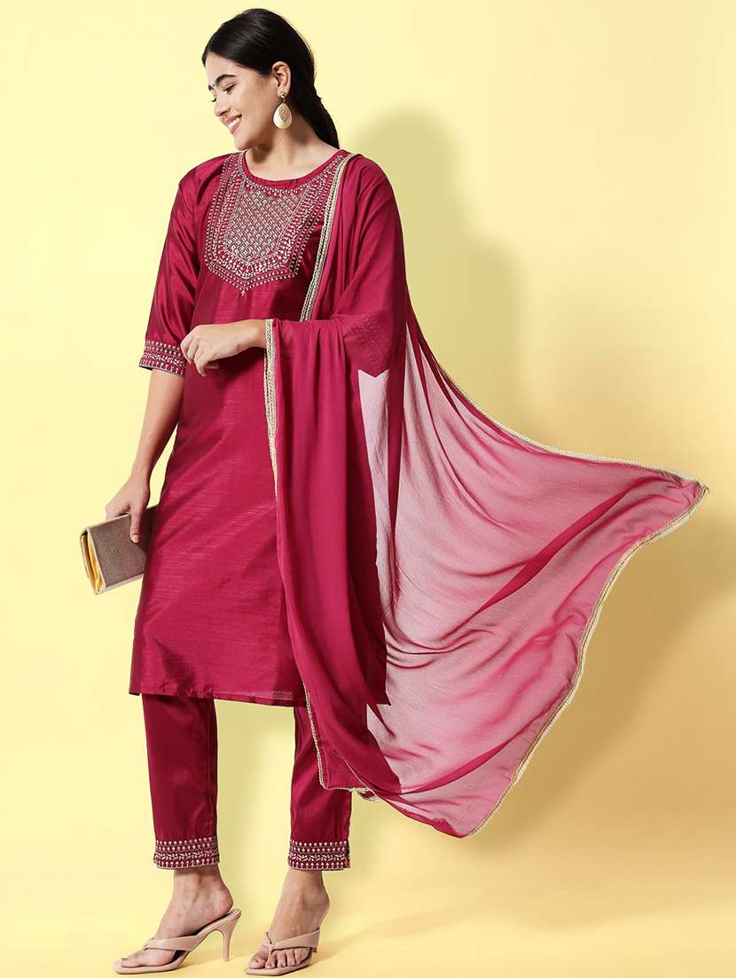 women three quarter sleeve kurta pant with dupatta set - 20194373 -  Standard Image - 1
