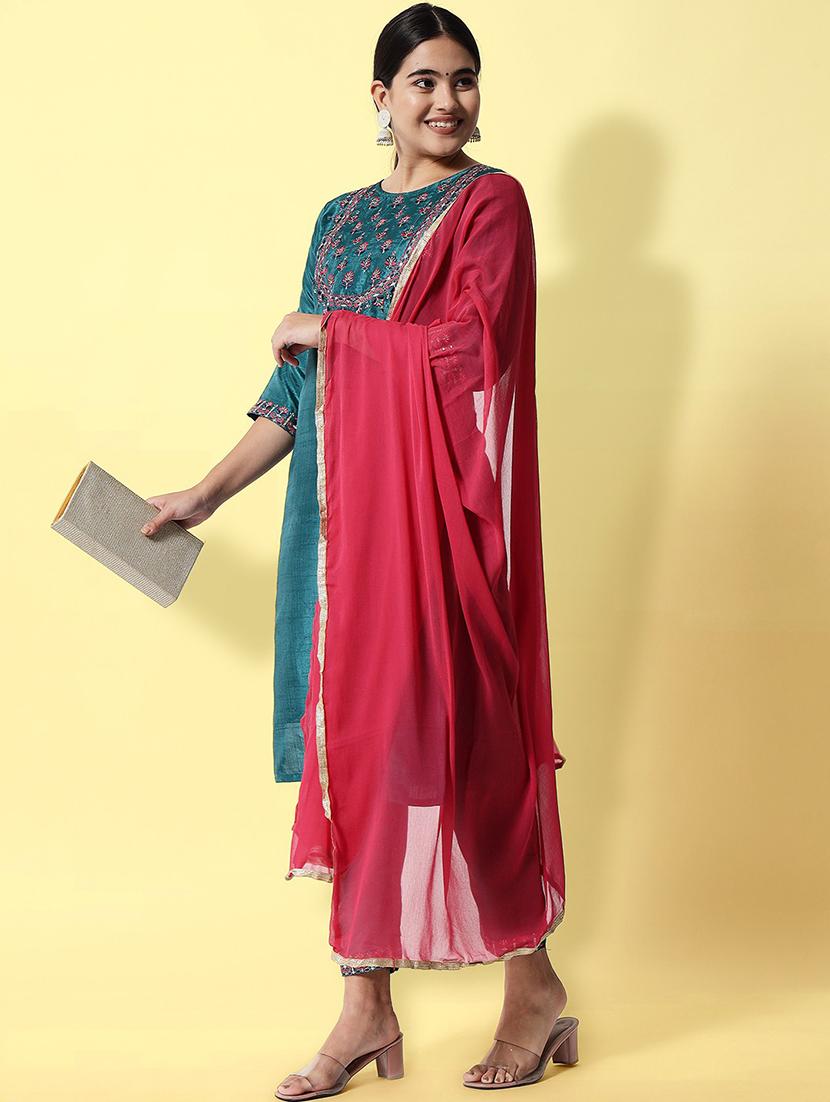 teal kurta pant set with dupatta - 20194383 -  Standard Image - 1