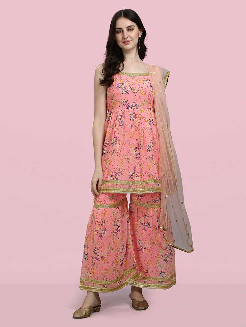 women pink kurta sharara set with dupatta set