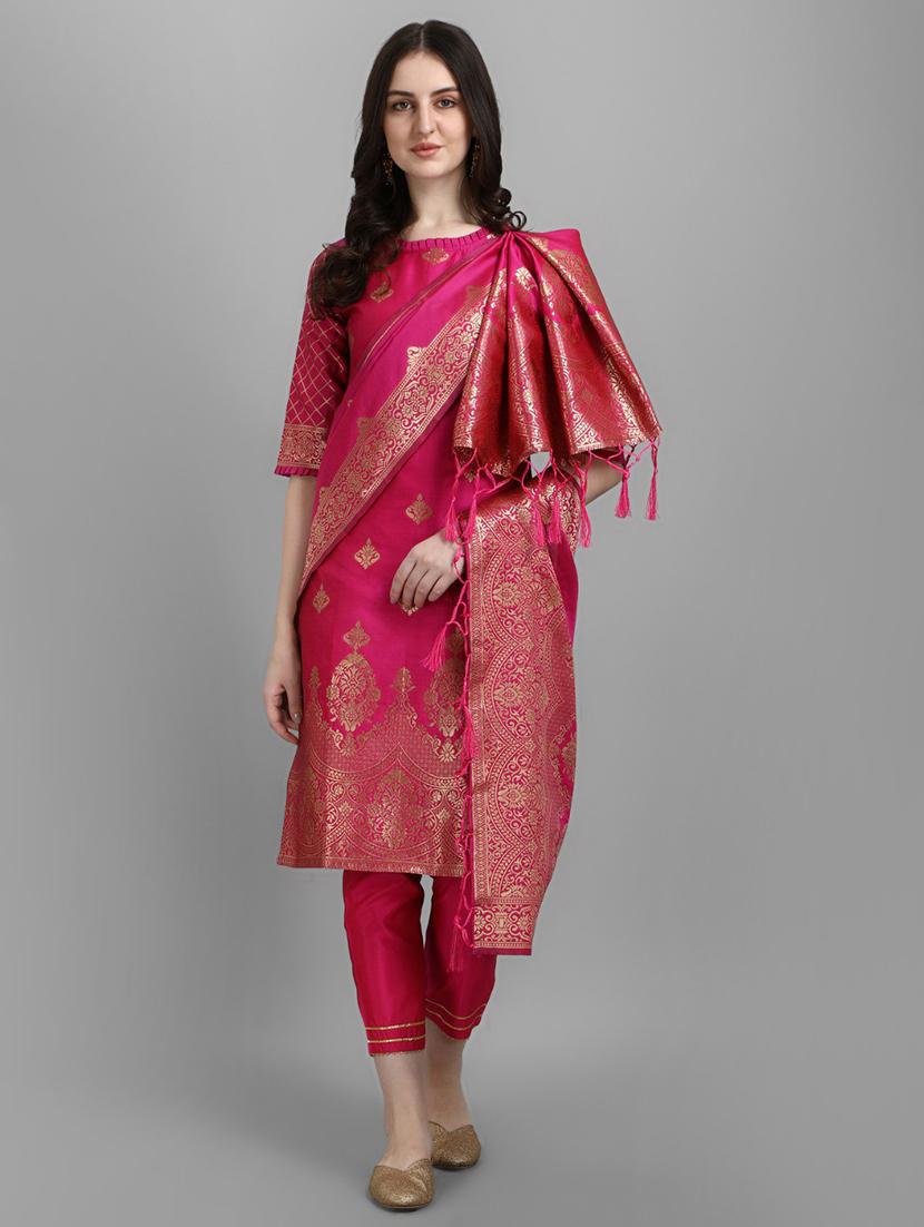 women pink elbow sleeve kurta pant with dupatta set - 20194462 - Zoom Image - 0