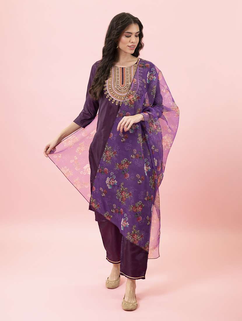 women three quarter sleeve kurta pant with dupatta set
