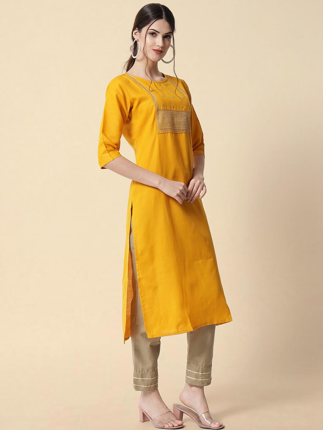 yellow round neck kurta pant set with dupatta - 20194573 - Standard Image - 1