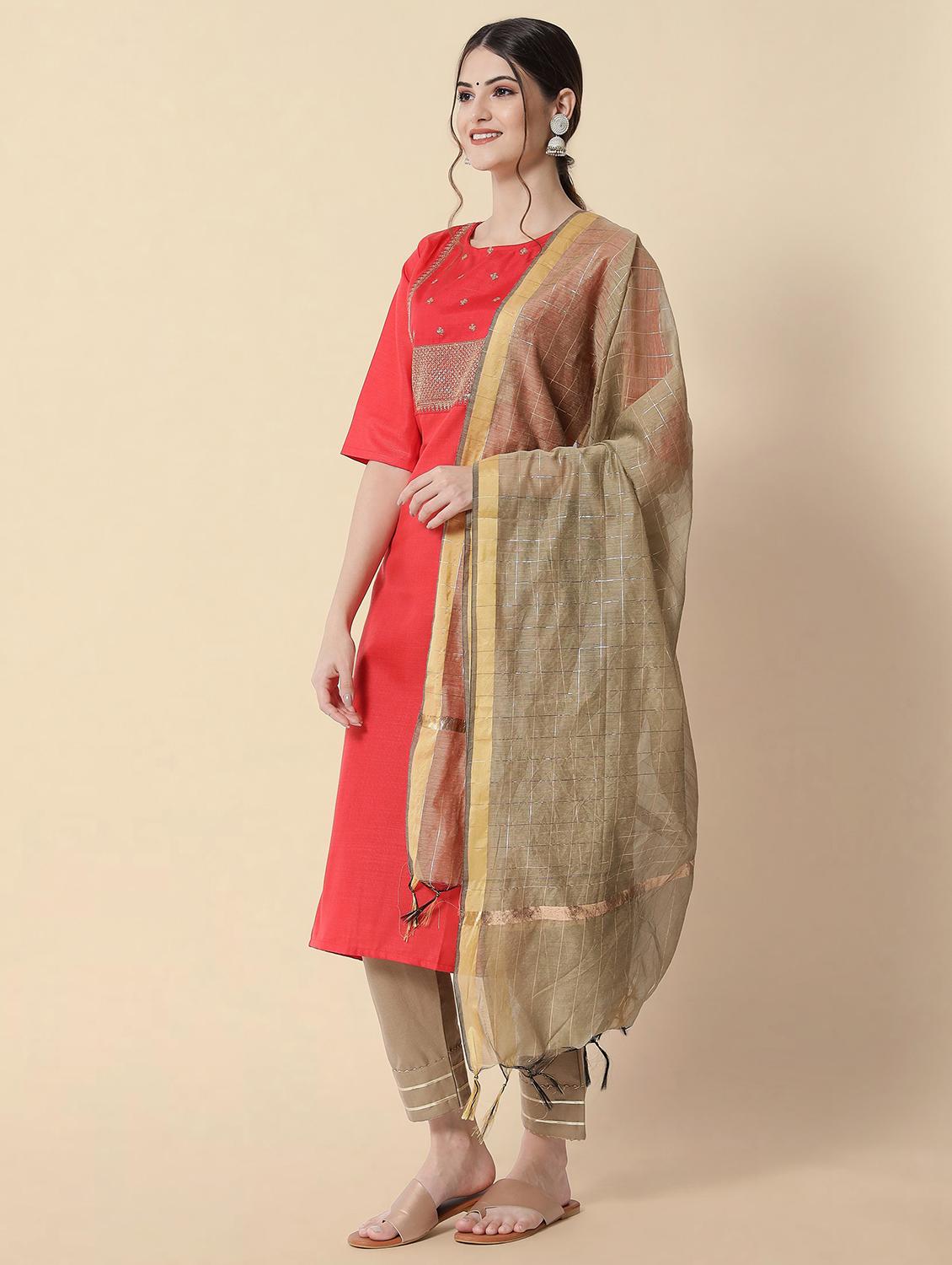 red round neck kurta pant set with dupatta - 20194577 - Standard Image - 1