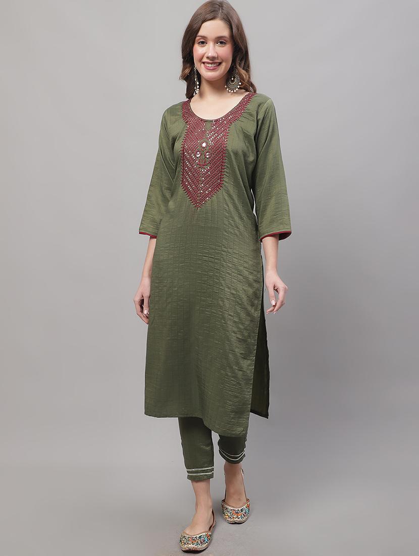 green round neck kurta pant set with dupatta - 20195061 - Standard Image - 1