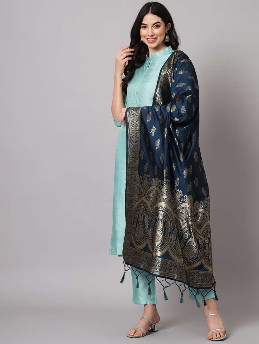 blue mandarin neck kurta pant set with dupatta