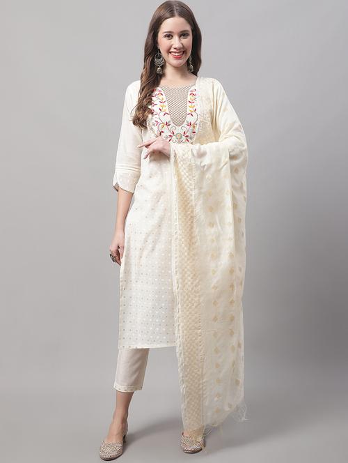 off-white round neck kurta pant set with dupatta - 20195073 - Standard Image - 0