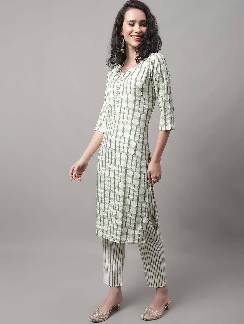 green notch neck kurta pant set  - 20195077 -  Standard Image - 1
