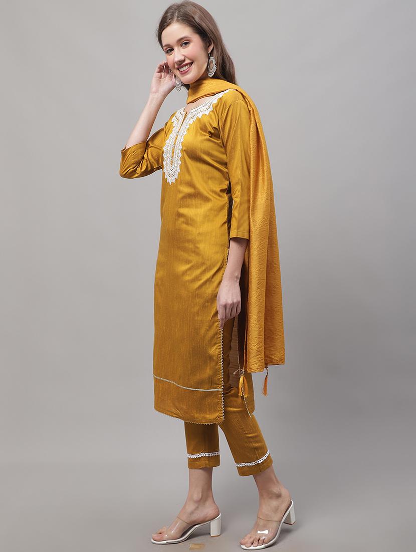 yellow round neck kurta pant set with dupatta - 20195082 - Standard Image - 1