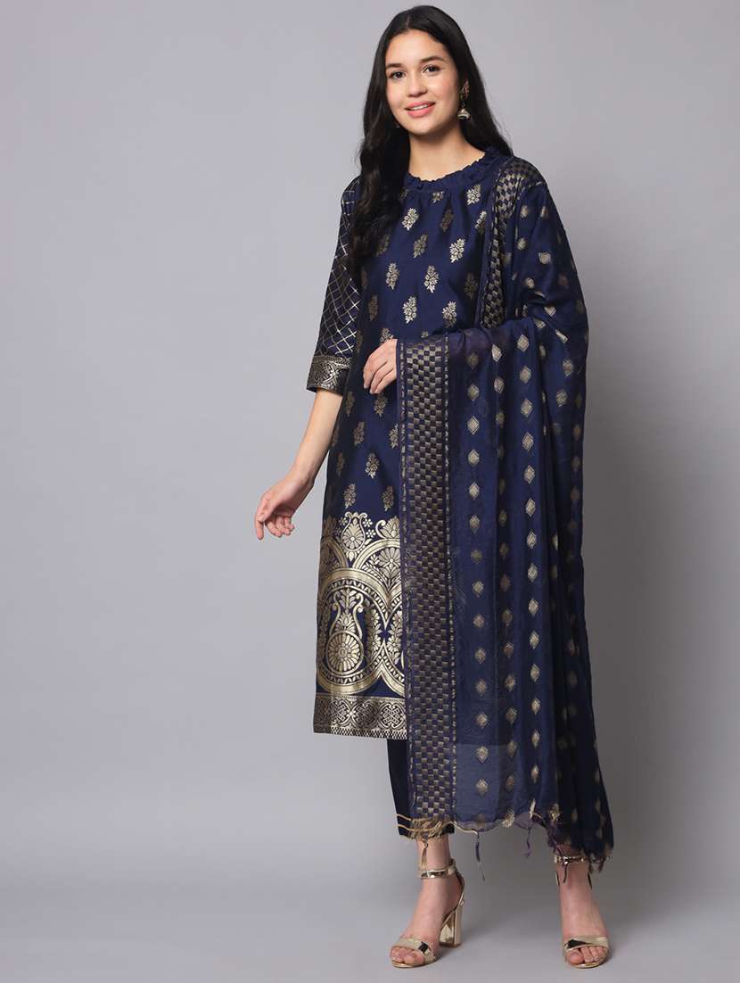 women navy blue kurta pant set with dupatta