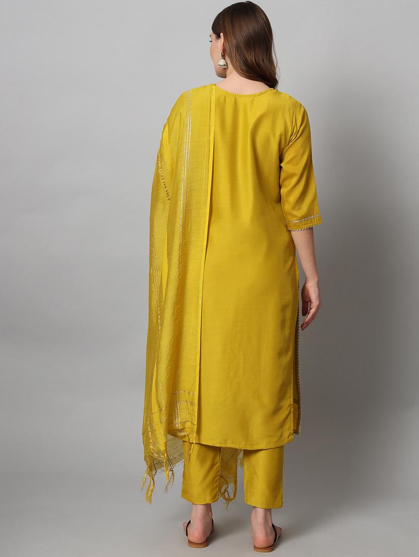 yellow round neck kurta pant set with dupatta - 20195106 -  Standard Image - 1