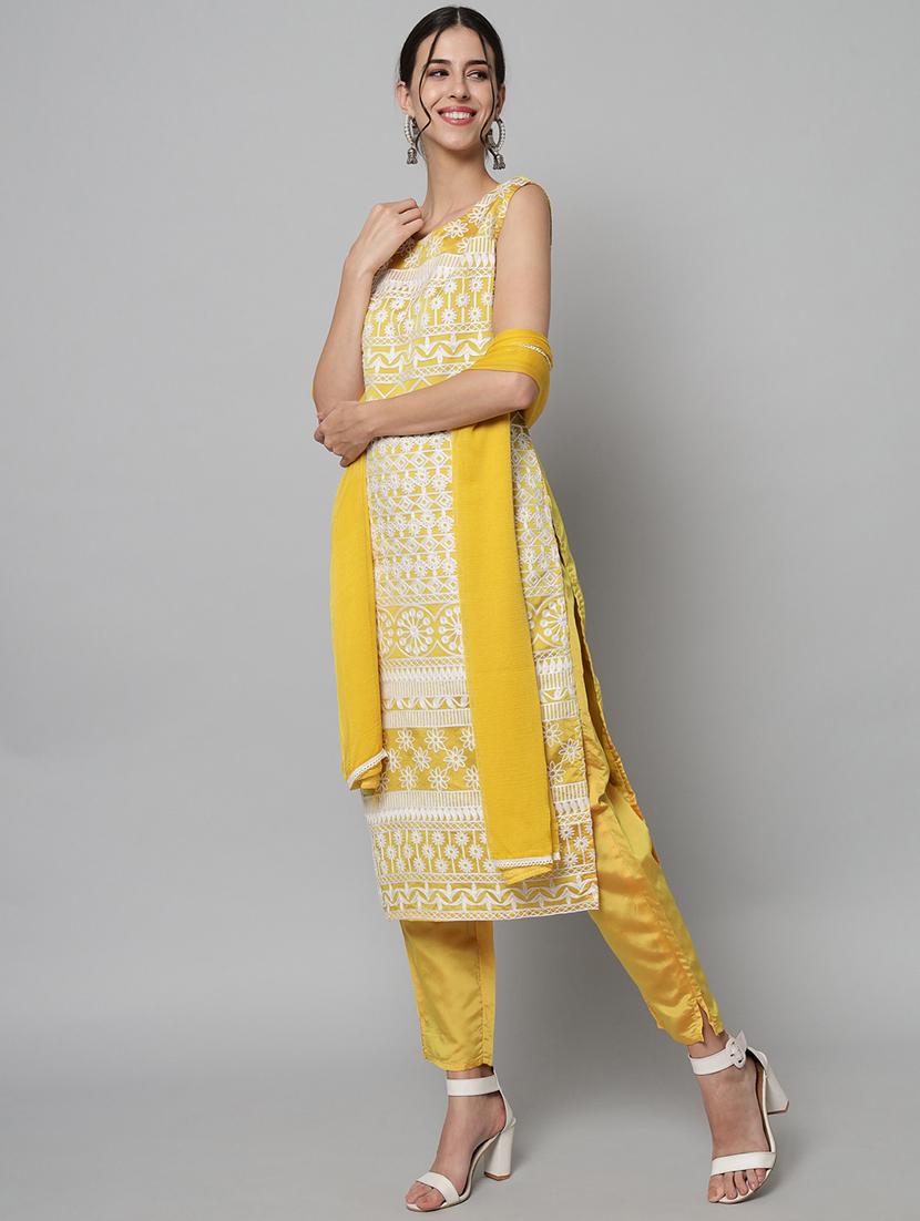 yellow round neck kurta pant set with dupatta - 20195114 - Standard Image - 1