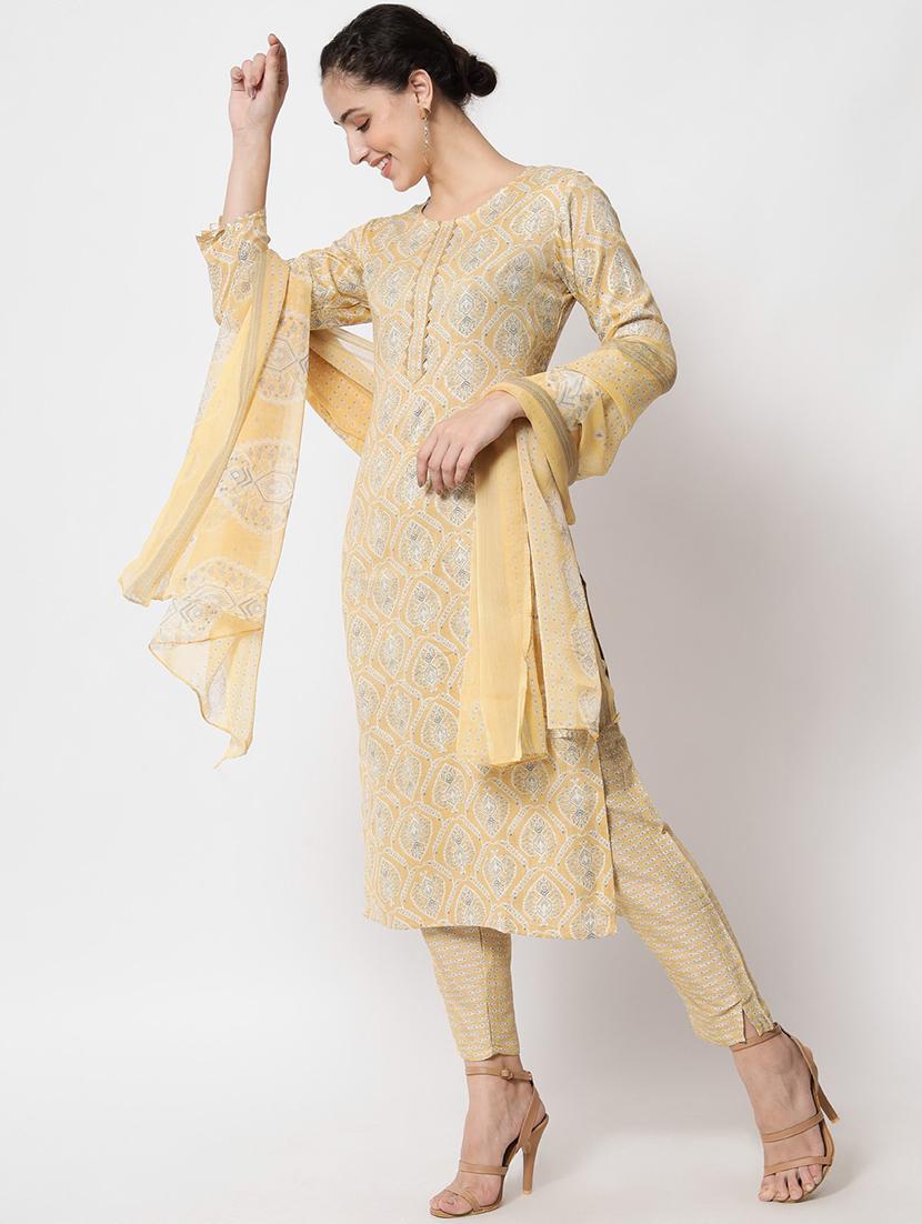 yellow round neck kurta pant set with dupatta - 20195118 - Standard Image - 1