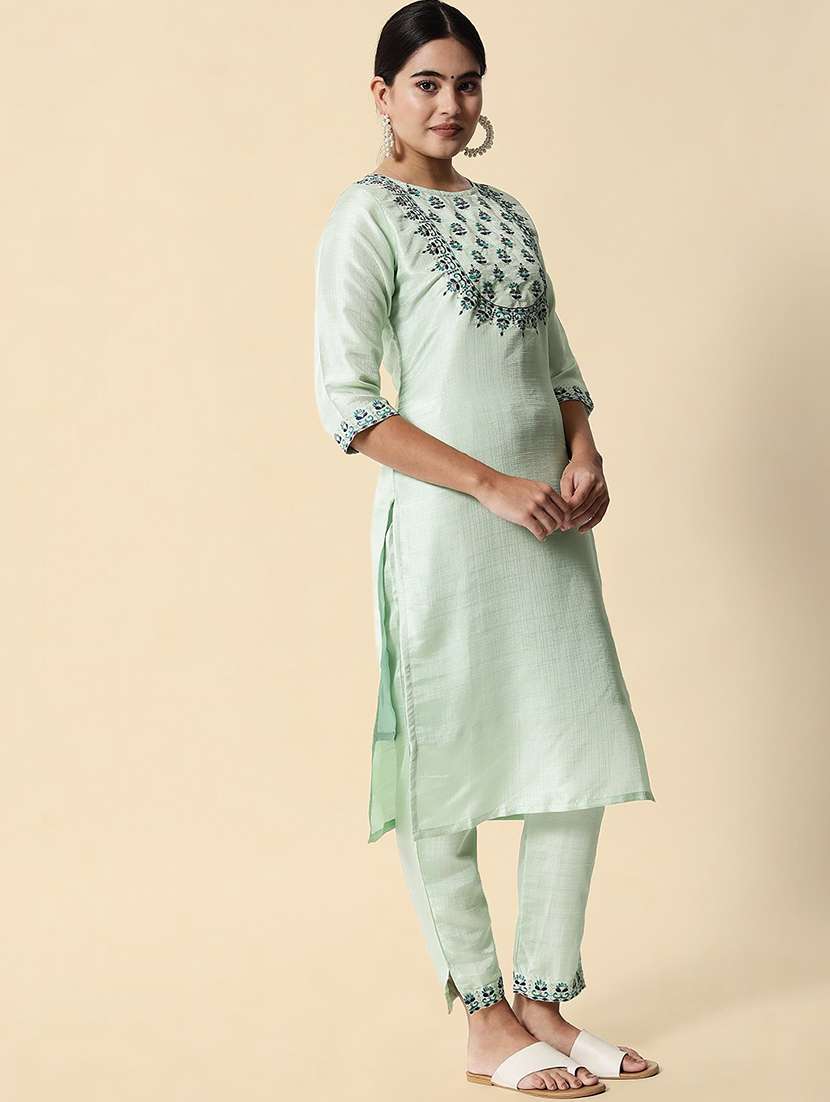 green round neck kurta pant set with dupatta - 20195125 -  Standard Image - 1
