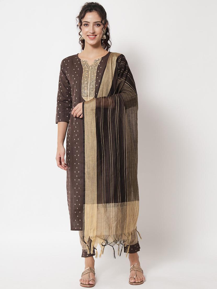 brown notch neck kurta pant set with dupatta - 20195129 -  Standard Image - 1