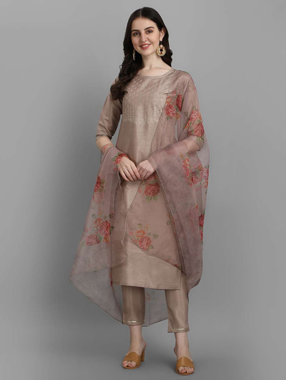 women three quarter sleeve kurta pant with dupatta set