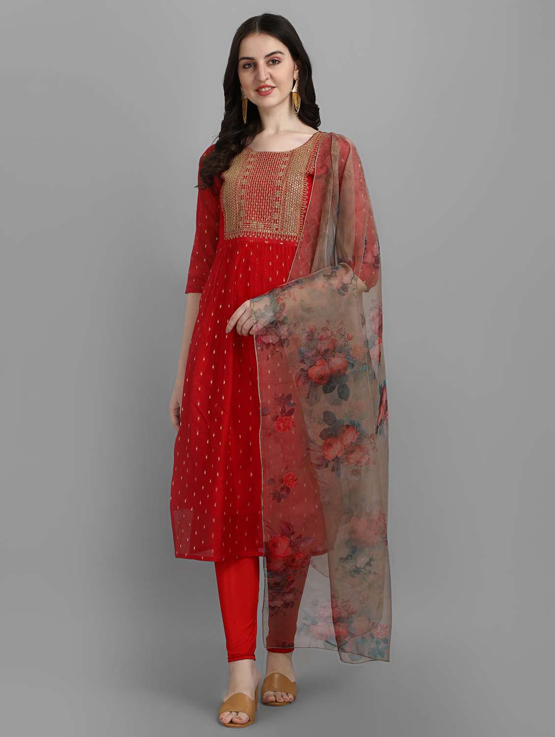 women red kurta legging set with dupatta