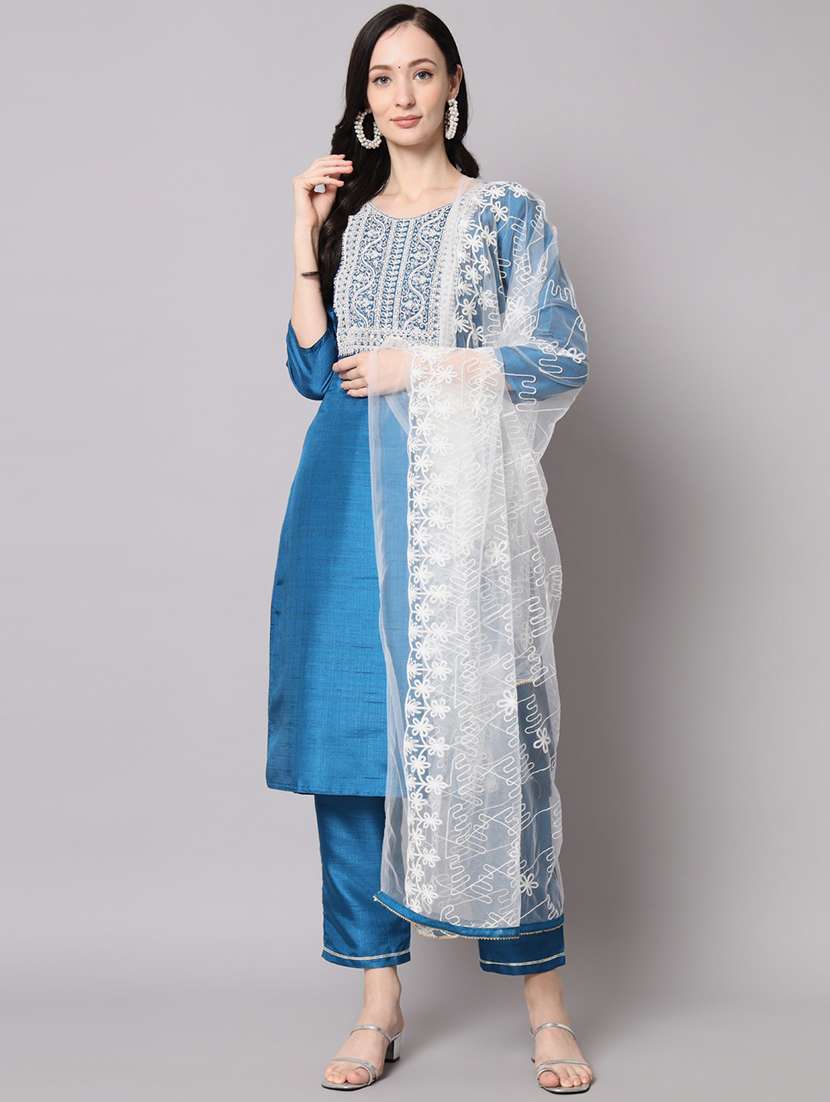 blue round neck kurta pant set with dupatta