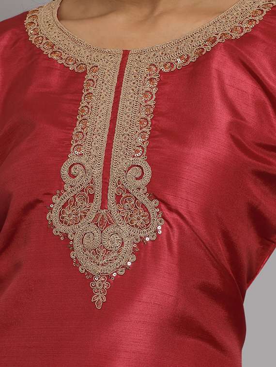 maroon round neck kurta pant set with dupatta - 20195346 -  Standard Image - 4