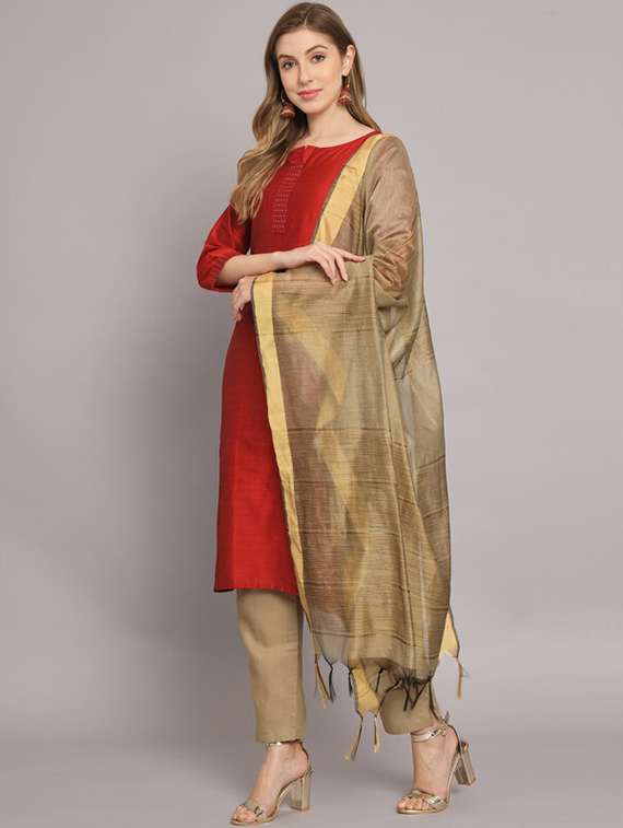 red round neck kurta pant set with dupatta - 20195350 -  Standard Image - 1