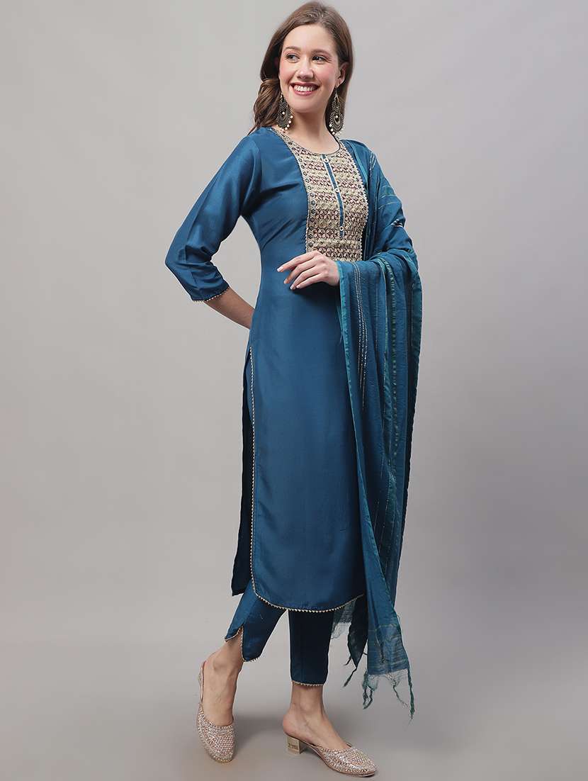 blue round neck kurta pant set with dupatta