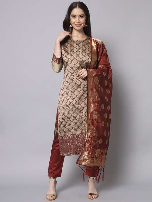 beige round neck kurta pant set with dupatta