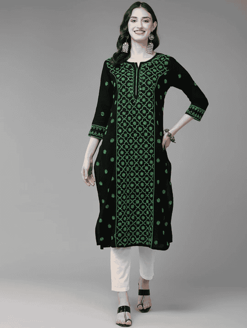 cotton black women chikankari straight kurta - 20196816 - Standard Image - 0