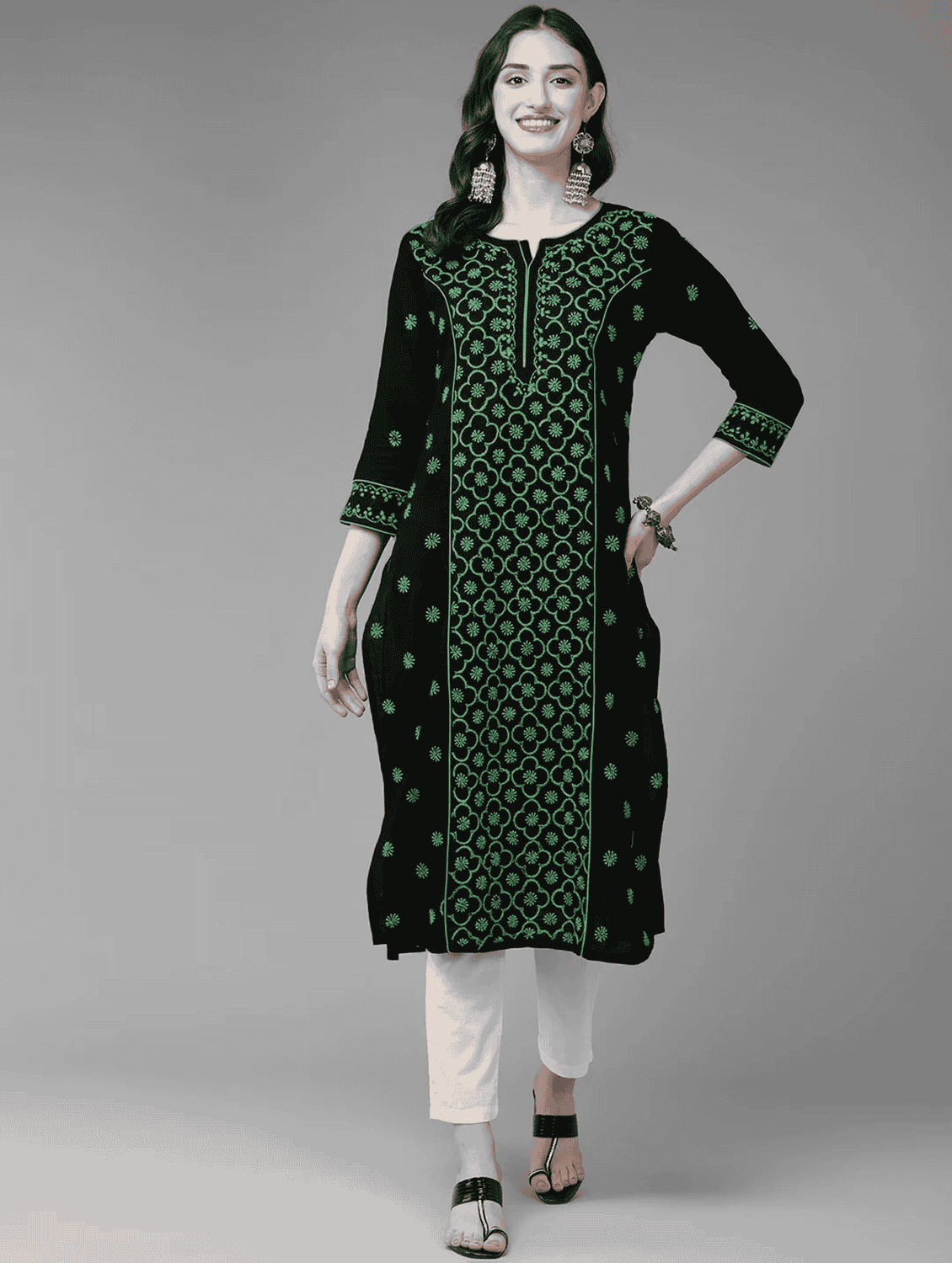 cotton black women chikankari straight kurta - 20196816 - Zoom Image - 0