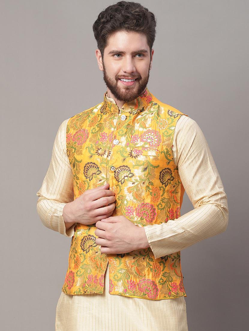 yellow self design nehru jacket - 20197074 - Standard Image - 1