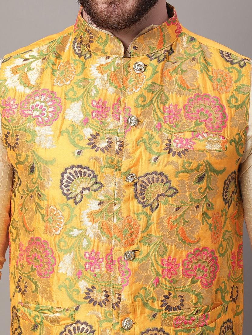 yellow self design nehru jacket - 20197074 - Standard Image - 4