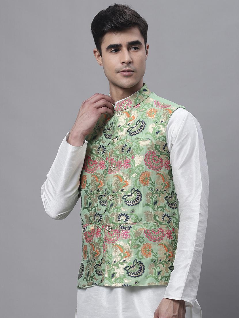green self design nehru jacket - 20197075 - Standard Image - 1