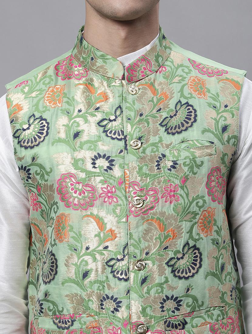 green self design nehru jacket - 20197075 - Standard Image - 4