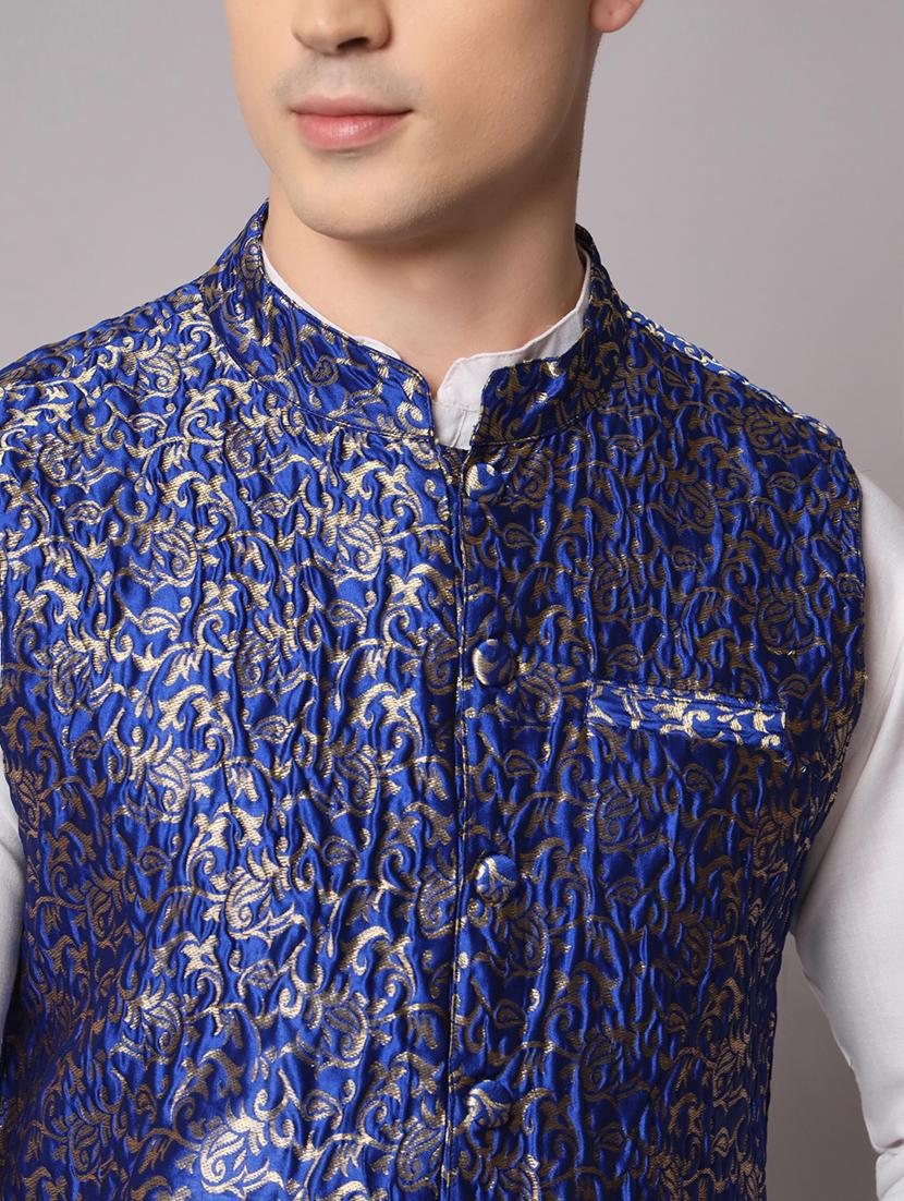 blue self designed brocade nehru jacket - 20197078 - Standard Image - 4