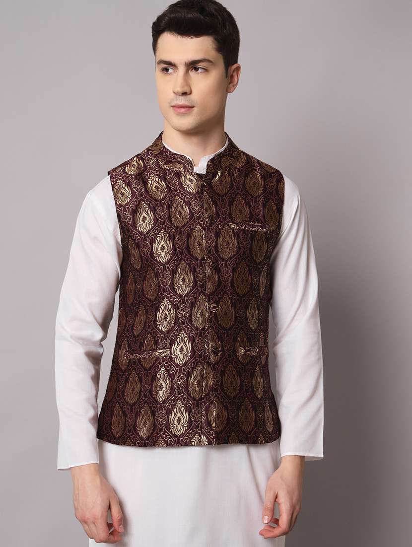 brown self designed brocade nehru jacket
