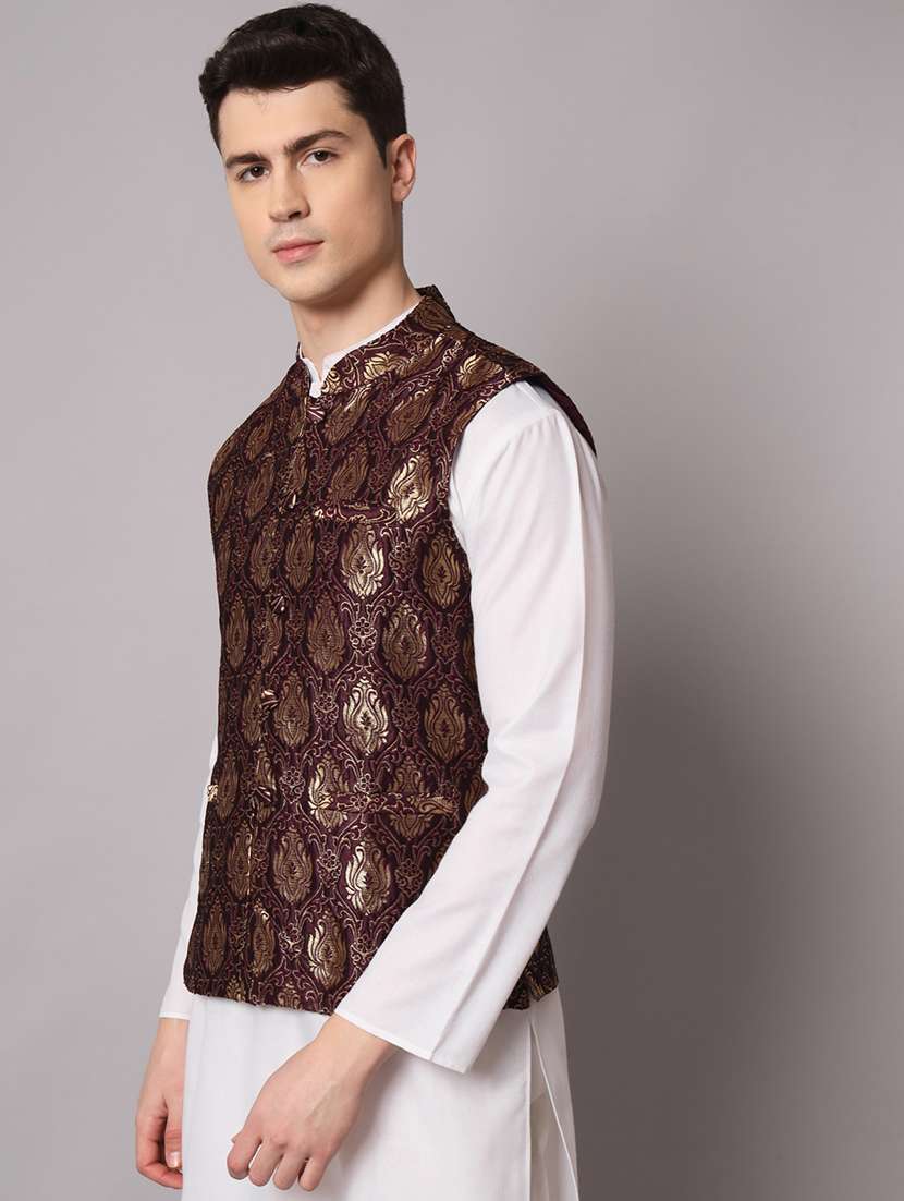 brown self designed brocade nehru jacket - 20197079 -  Standard Image - 1