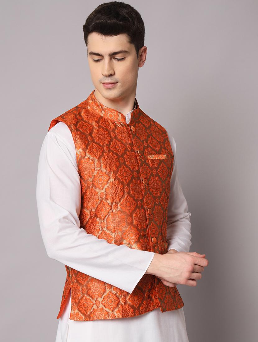 orange self designed brocade nehru jacket - 20197081 - Standard Image - 1