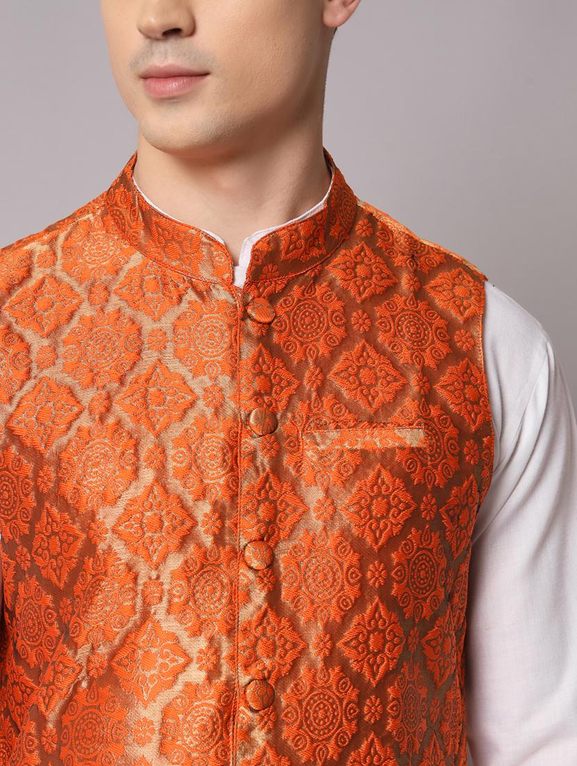 orange self designed brocade nehru jacket - 20197081 - Standard Image - 4