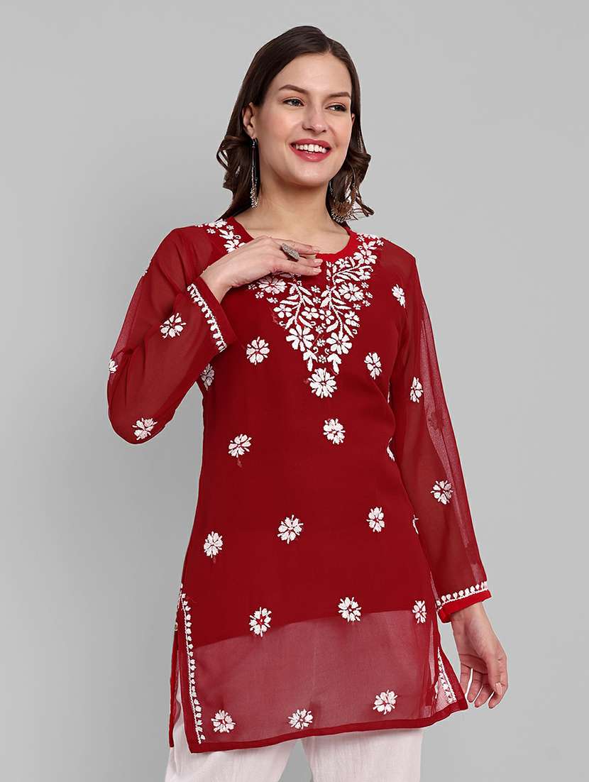 notch neck chikankari straight short kurti