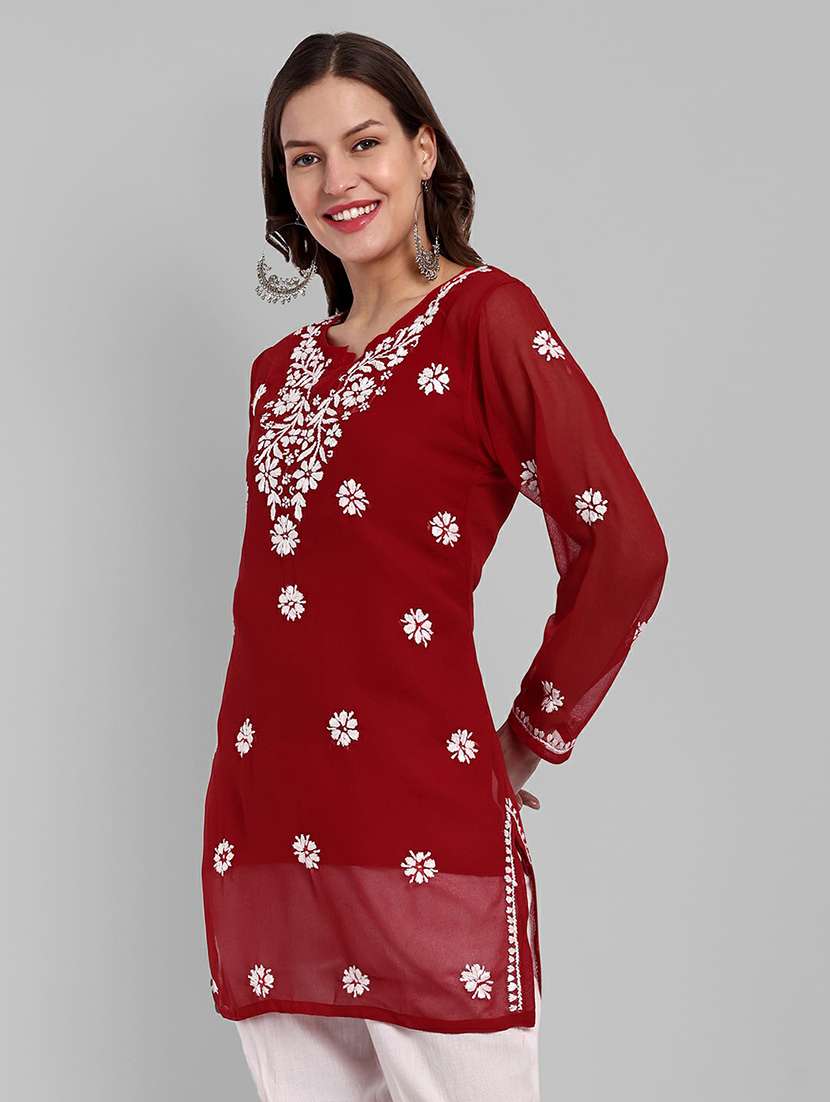 notch neck chikankari straight short kurti - 20198439 -  Standard Image - 1