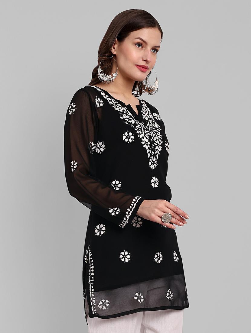 notch neck chikankari straight short kurti - 20198440 - Standard Image - 1