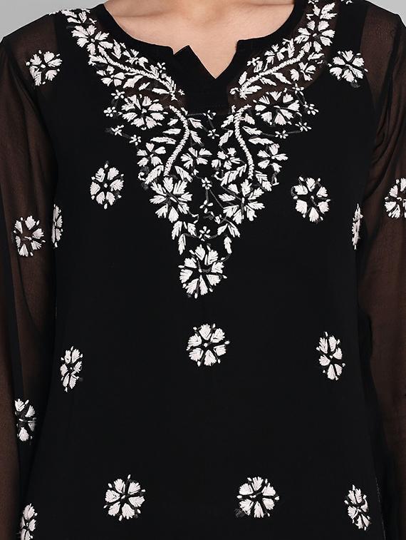 notch neck chikankari straight short kurti - 20198440 - Standard Image - 4