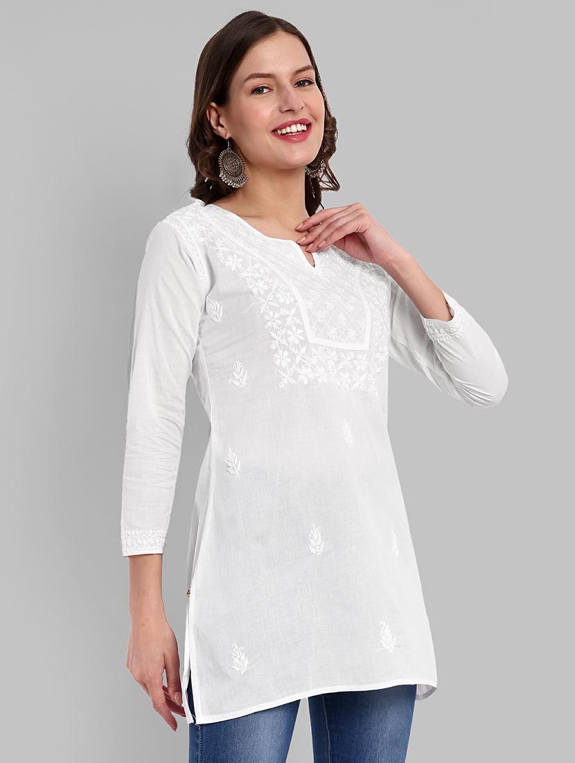 women notch neck chikankari kurti - 20198441 - Standard Image - 1