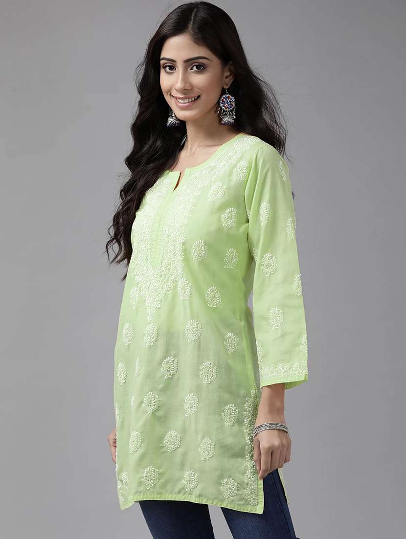 notch neck chikankari straight short kurti - 20198443 -  Standard Image - 1
