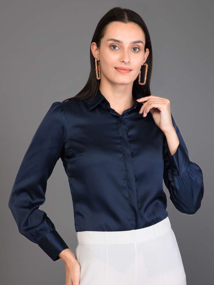 navy blue solid long sleeves regular shirt