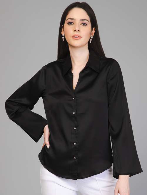 black solid bell sleeves regular shirt