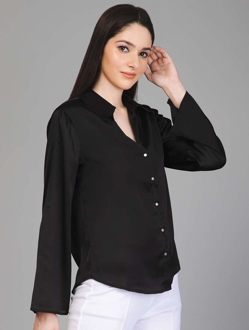 black solid bell sleeves regular shirt - 20198458 - Standard Image - 1