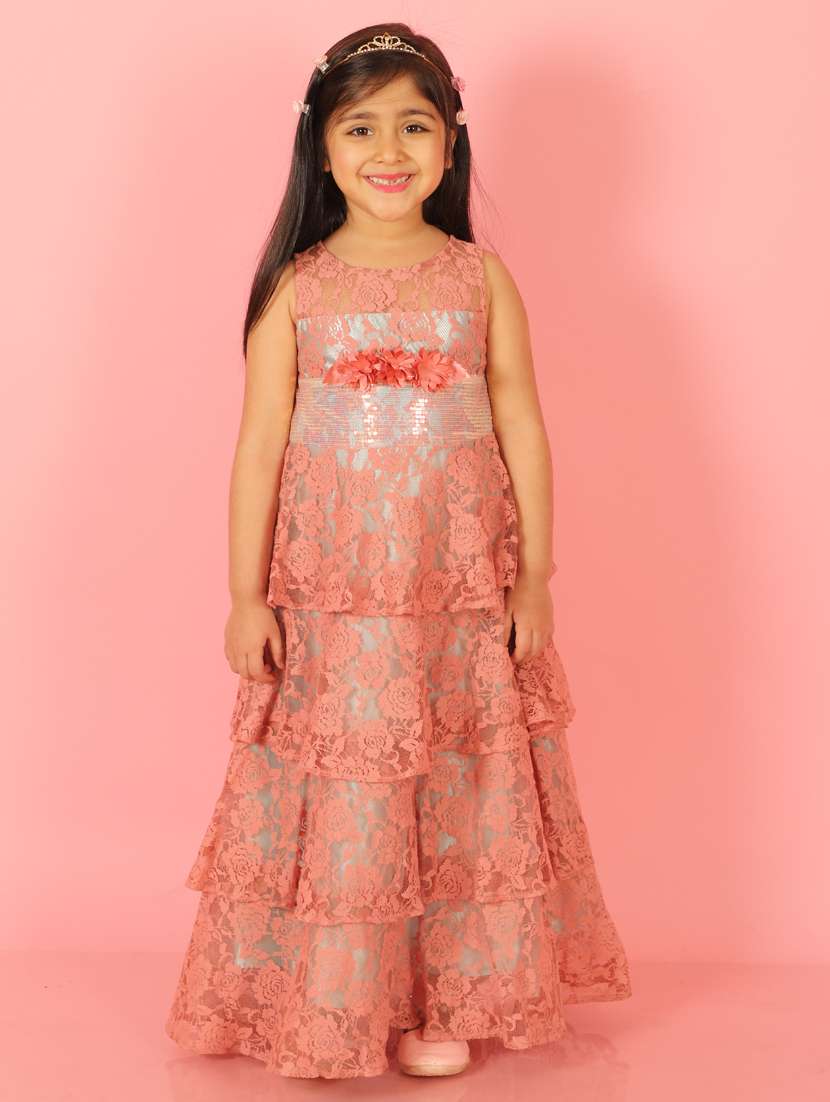 girls peach round neck sleeveless gown
