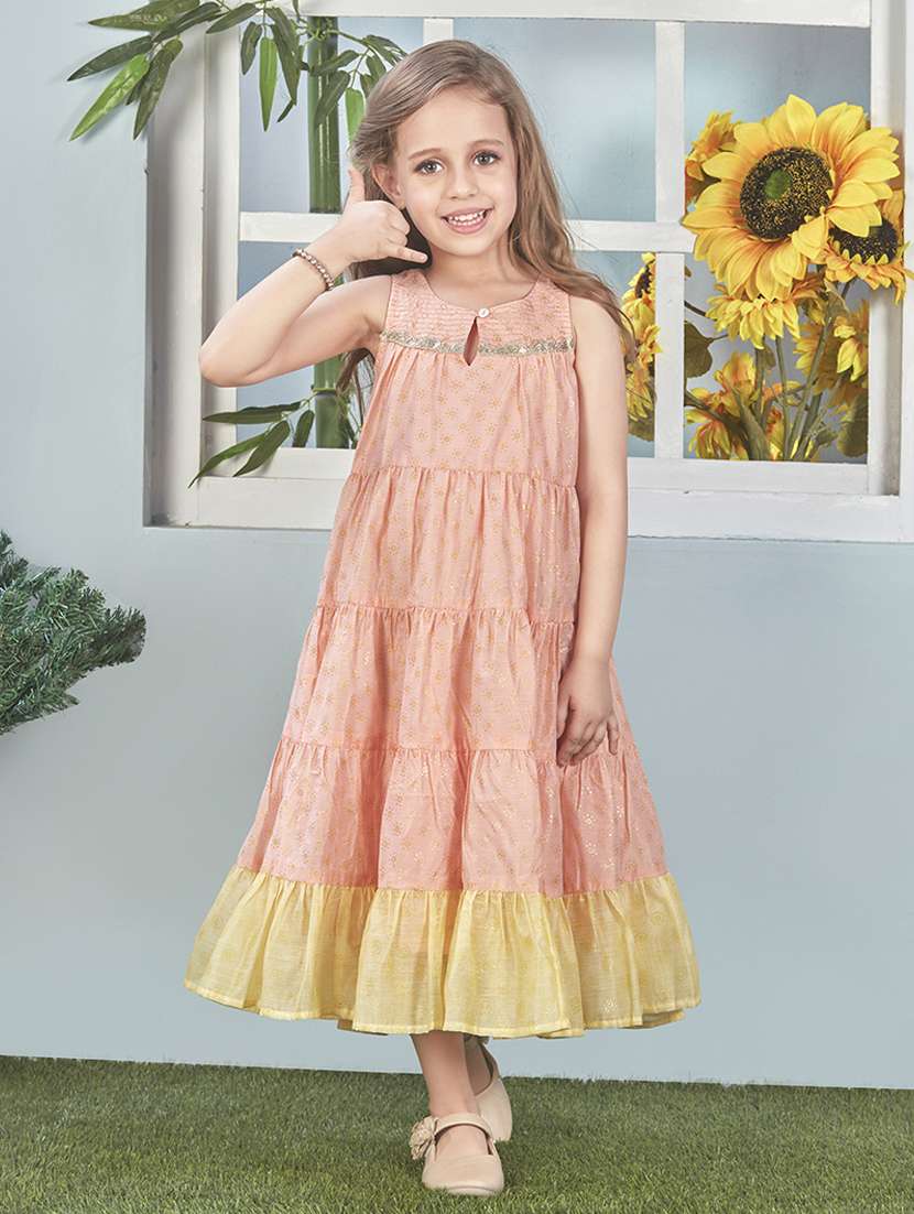 girls peach round neck sleeveless gown