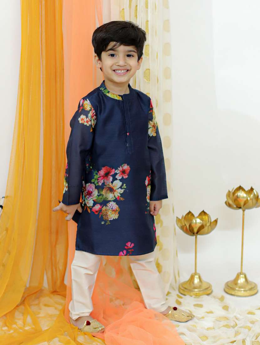 navy blue printed long sleeve kurta pajama sets 