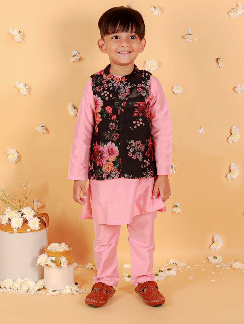 pink printed kurta pajama with nehru jacket sets 
